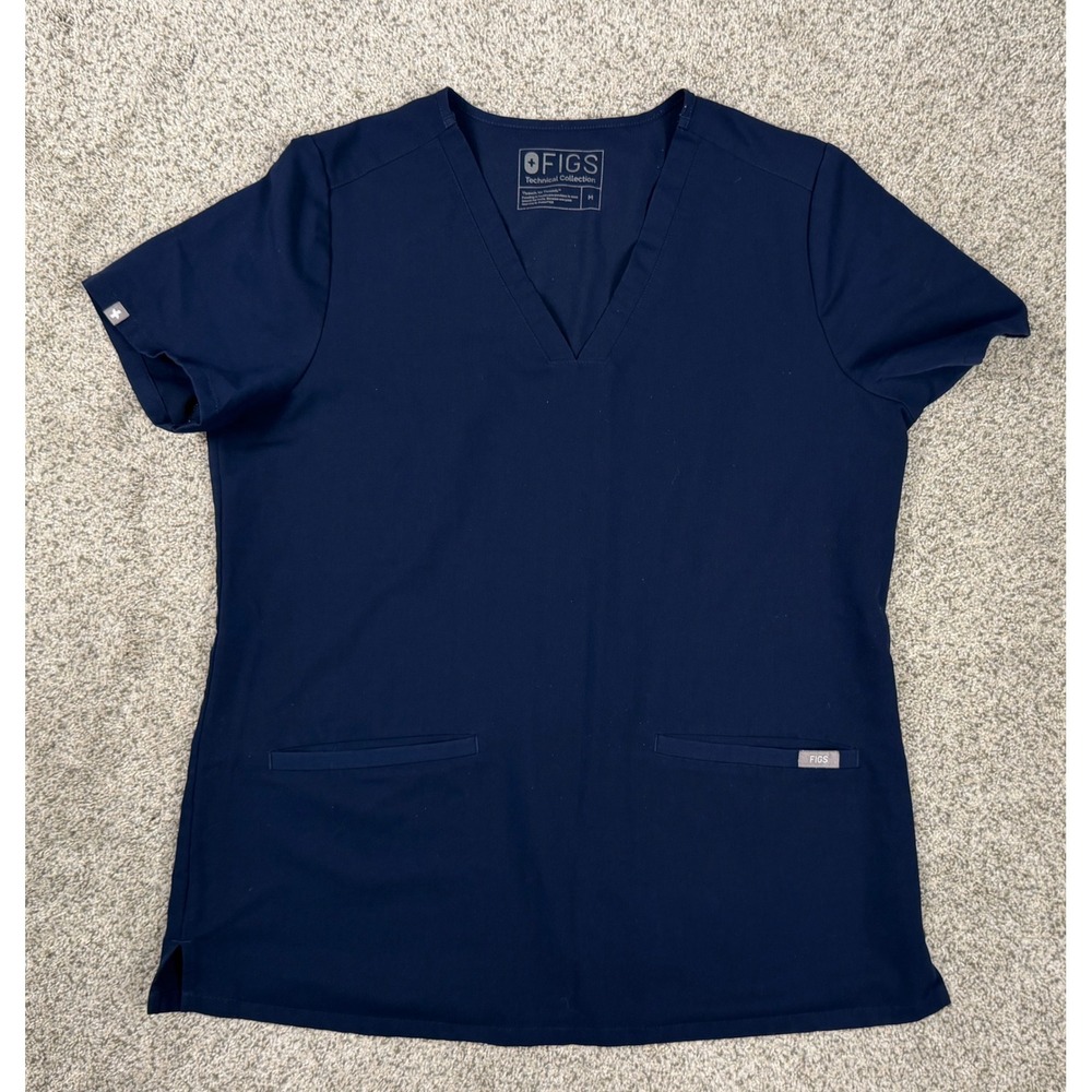 Figs Scrub Top Technical Medium Navy Blue V-Neck 2-Pocket Medical Nurse